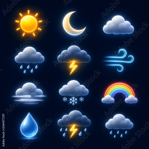 Weather Icons Set Neon Forecast Symbols With Sun Moon Clouds Rain Thunderstorm Wind Fog Snow Rainbow and Water Drop