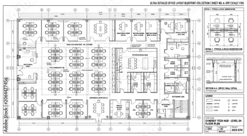Tableau sur toile Comprehensive office floor plan with section details and legend for corporate wo