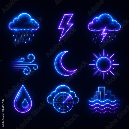 Weather Icons Set Neon Forecast Symbols With Rain Storm Lightning Wind Moon Sun Humidity Radar and Flood Warning Illustration