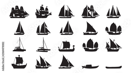 Tableau sur toile Collection of black silhouette representing various types of sailing ships, boat