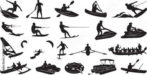 Quadro su tela Set of black silhouette representing various water sports and recreational activ