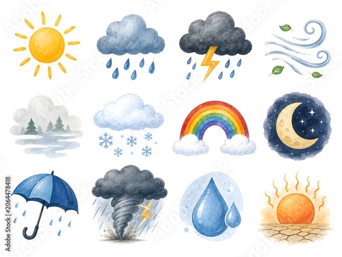 Weather Icons Set Watercolor Forecast Symbols With Sun Rain Storm Wind Fog Snow Rainbow Moon Umbrella Tornado and Heatwave Illustration