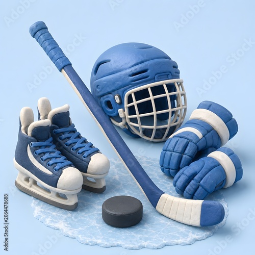Sports hockey equipment set with blue helmet skates stick puck and gloves on ice