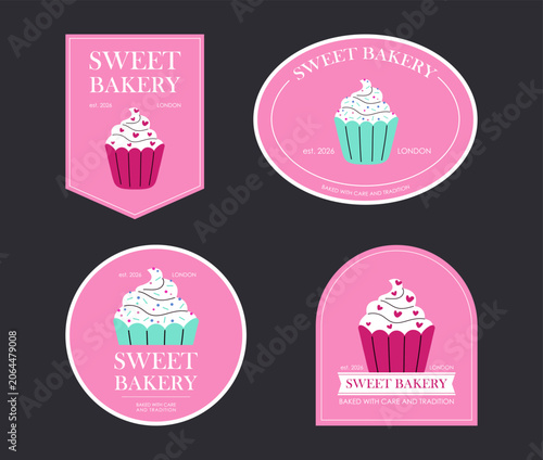 Pink bakery stickers with cupcake. Bakery branding and packaging design. Vector templates of pastry shop identity isolated. Different shapes stickers and labels for pastry shop.