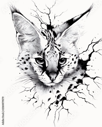 Serval cat head breaking through a cracked white wall, 3D effect black and white illustration, wild animal decal design.