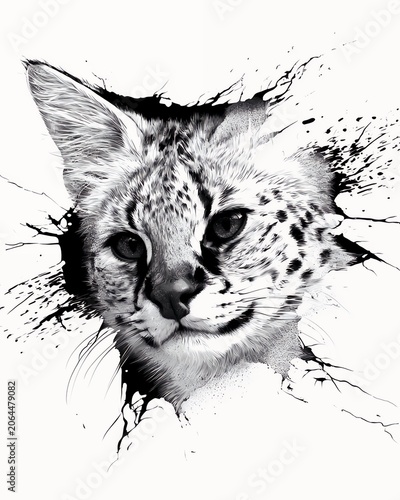 Serval cat head breaking through a cracked white wall, 3D effect black and white illustration, wild animal decal design.