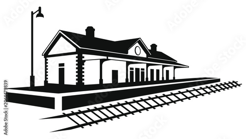 Foto Minimalist Vintage Railway Station Vector Illustration - Black and White Retro T