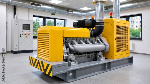 Industrial yellow diesel generator powering electricity supply