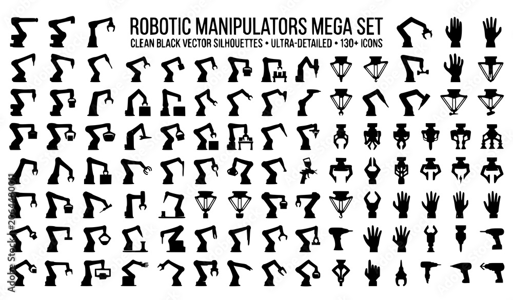 Naklejka premium Robot Arm Vector Silhouette Set Industrial Automation Collection