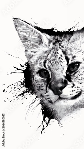 Serval cat head breaking through a cracked white wall, 3D effect black and white illustration, wild animal decal design.
