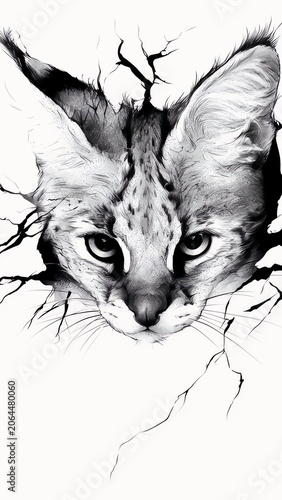 Serval cat head breaking through a cracked white wall, 3D effect black and white illustration, wild animal decal design.