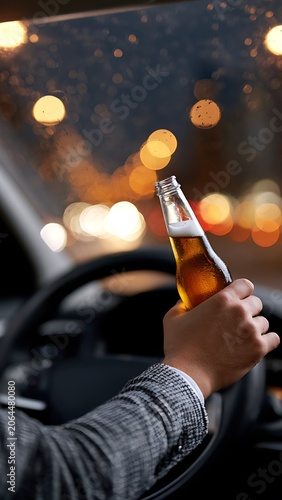 Close up of irresponsible man driving a car at night while holding a glass bottle of beer