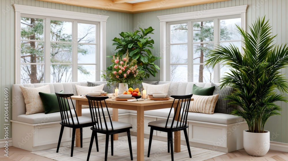 Fototapeta premium Cozy breakfast nook bench seating dining area