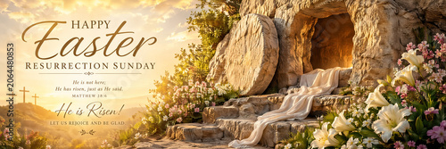 Easter Sunday sunrise with empty tomb and flowers celebrating resurrection