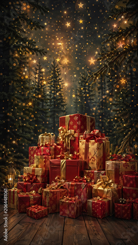 Christmas presents stacked in magical forest with golden lights
