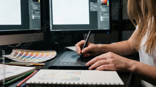 Female graphic designer using digital drawing tablet and stylus at creative studio desk with dual monitors, color palettes, and sketchbooks under moody professional office lighting.