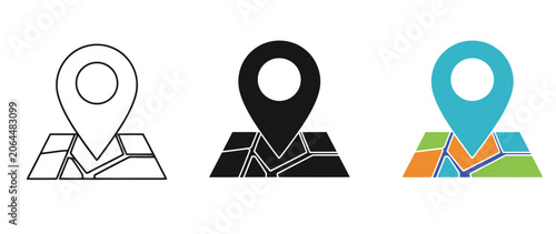 Three map pin icons with different colored location markers on transparent background