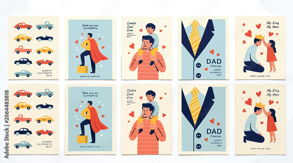 Fototapeta premium Father's Day greeting card collection, vintage flat vector illustrations with dad and children, retro superhero and family celebration posters
