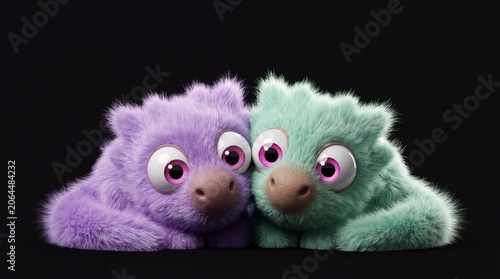 Cute fluffy monsters sitting together, adorable purple and teal green creature partners cuddling in friendship, 3D character design illustration with big pink eyes isolated on black background.
