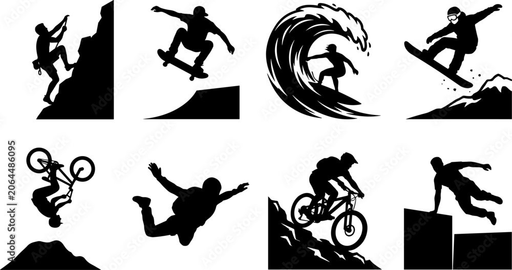 Naklejka premium Extreme sports silhouettes collection featuring rock climbing skateboarding surfing snowboarding mountain biking and parkour on white background