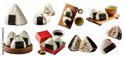 Set of onigiri, traditional Japanese rice sushi wrapped in nori seaweed, tuna Mayo Bonito Flakes Pickled Plum, serving board plate with tea wasabi, soya sauce, on transparent cutout PNG mockup