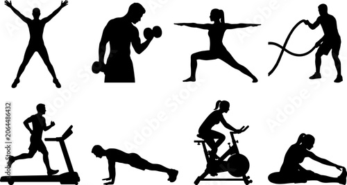 Photos Fitness and gym workout silhouettes collection featuring people training exercis