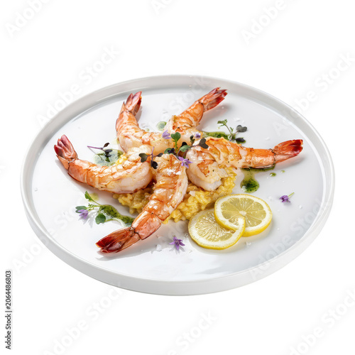 Grilled jumbo shrimp served on a white plate with yellow risotto, lemon slices, and fresh herbs, isolated on a white background, for menu