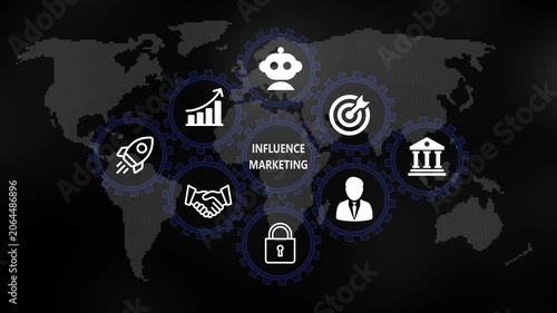 Influence marketing for Business and Finance Concept. Rotating gear mechanism process settings icon animation. Technology, Internet and network concept on world background. 4k video