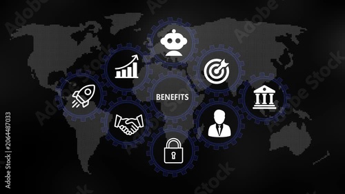 Business Benefits and Finance Concept. Rotating gear mechanism process settings icon animation. Technology, Internet and network concept on world background. 4k video