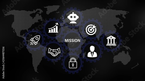 Mission for Business and Finance Concept. Rotating gear mechanism process settings icon animation. Technology, Internet and network concept on world background. 4k video