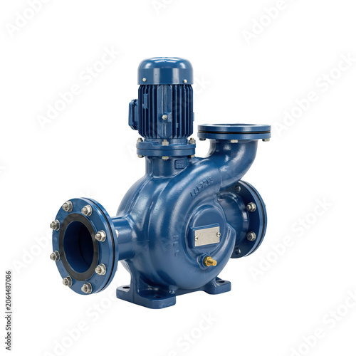 Industrial blue centrifugal water pump with an electric motor and metal flanges isolated on a white background, for plumbing and engineering
