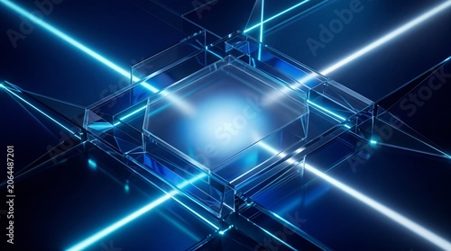 Abstract 3d composition featuring a central glowing blue light source encased within a transparent geometric glass frame and light beams