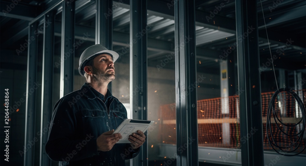 Fototapeta premium Construction Manager Inspecting Building Plans On Tablet
