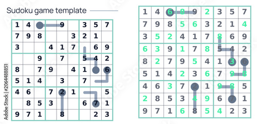 Sudoku game template with empty grid and completed puzzle illustration  