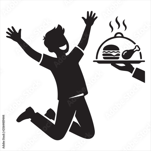 Excited person jumping for served hot food illustration