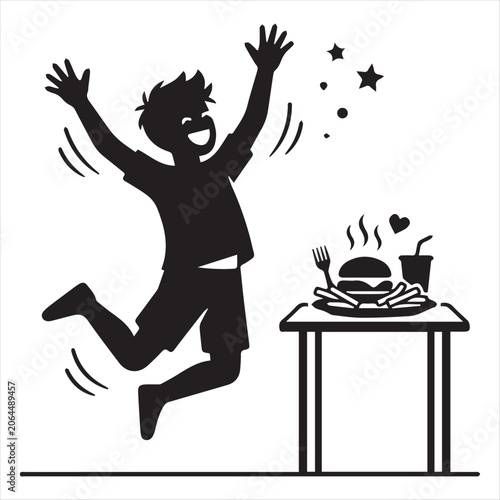 Happy person jumping for table of junk food vector
