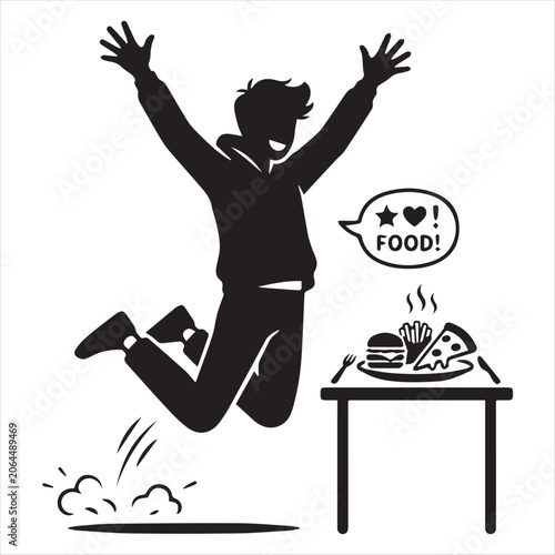 Person jumping with excitement for pizza and burger