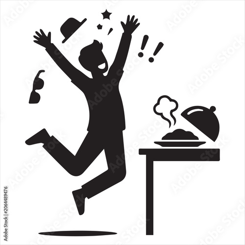 Excited person jumping near served hot meal