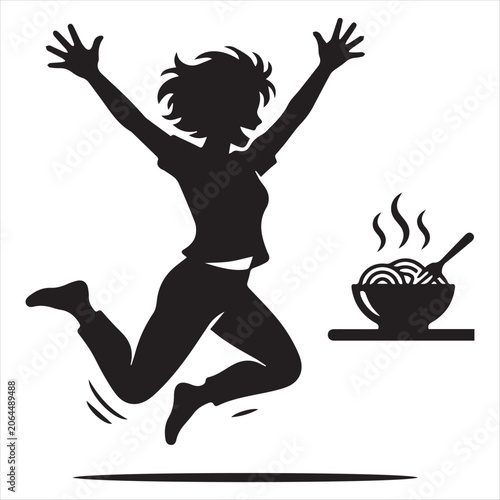Excited person jumping for bowl of noodles illustration