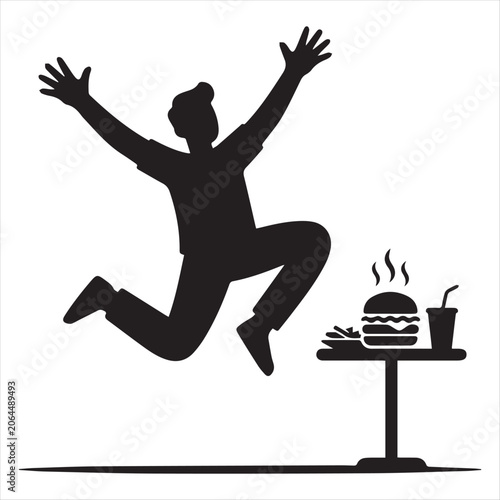 Excited person jumping near fast food meal