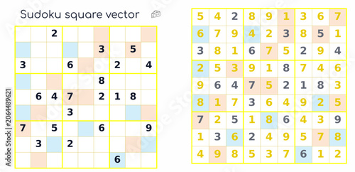 Sudoku puzzle grid with partially solved numbers and completed board  