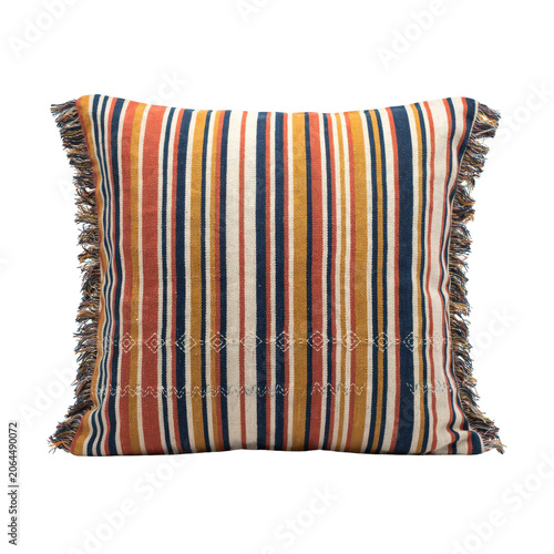 Square decorative throw pillow with vertical stripes in shades of orange, yellow, blue, and white with fringed edges on a clean white background