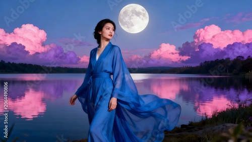 Woman in blue dress by moonlit lake
