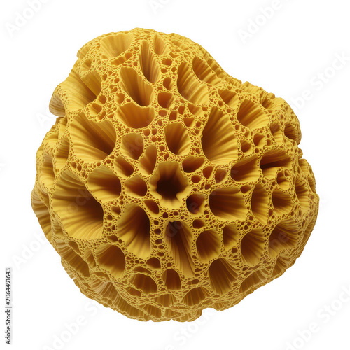 Yellow porous organic mass with complex cellular honeycomb texture and deep irregular cavities resembling a sea sponge on black background