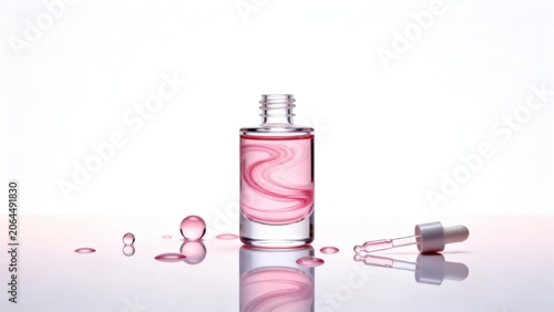 Glass bottle with pink liquid and dropper