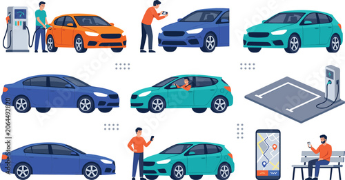 Konstfotografi Car Sharing and Rental Service Vector Element Set with Electric Vehicle Charging