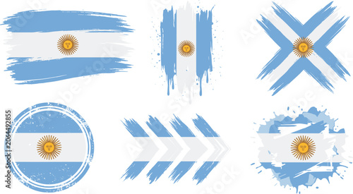 Canvastavla Argentina national flag brush stroke vector collection featuring distressed ink splatter and grunge textured flag elements in horizontal vertical cross circle chevron and splash shapes