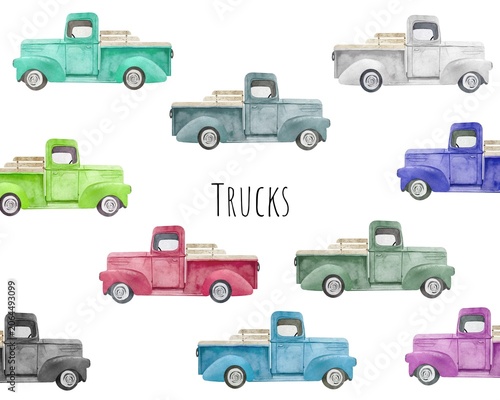Watercolor Pickup Truck Elements Collection
