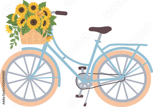 Vintage bicycle with basket full of sunflowers isolated on transparent background. Bright summer floral vector illustration for seasonal decor, countryside themes and cheerful designs.