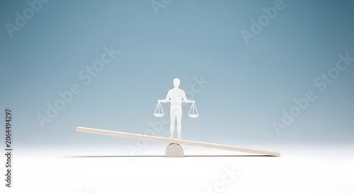 A minimalist human figure holding scales stands on a perfectly balanced seesaw, symbolizing justice and equilibrium.